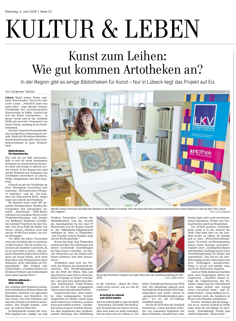 Artikel vom 2. Juni 2026 in den Lübecker Nachrichten über die Artothek des Lauenburgischen Kunstvereins
