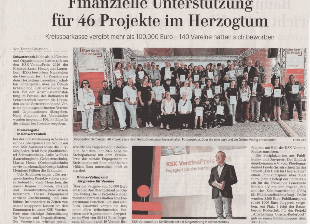Artikel in den Lübecker Nachrichten vom 10. Juni 2026 zur Vergabe des Vereinspreises der KSK